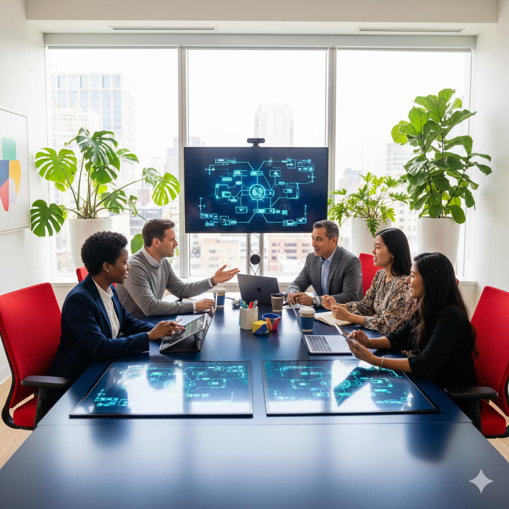 Team analyzing and mapping AI tools on a display screen