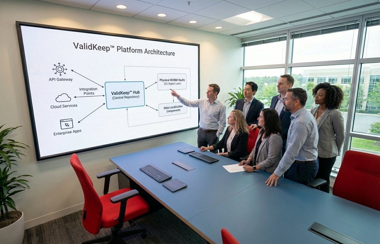 ValidKeep Platform architecture diagram showing Hub, WORM Vaults, and Data Localization