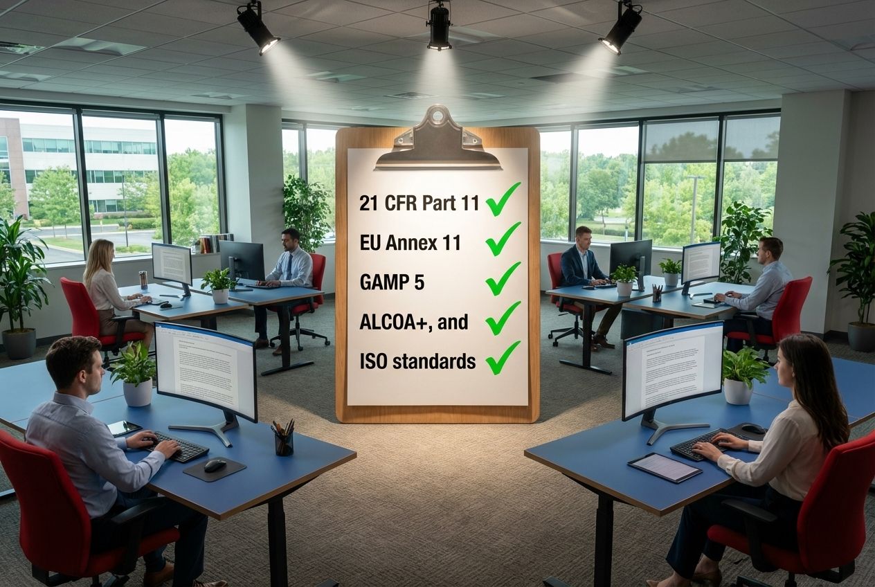 Regulatory framework diagram showing 21 CFR Part 11, EU Annex 11, GAMP 5, ALCOA+, and ISO standards