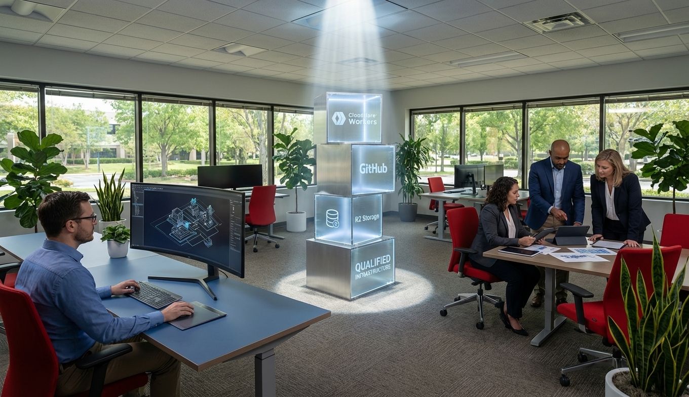 Infrastructure qualification diagram showing qualified infrastructure components, serverless compute, object storage, and configuration management systems